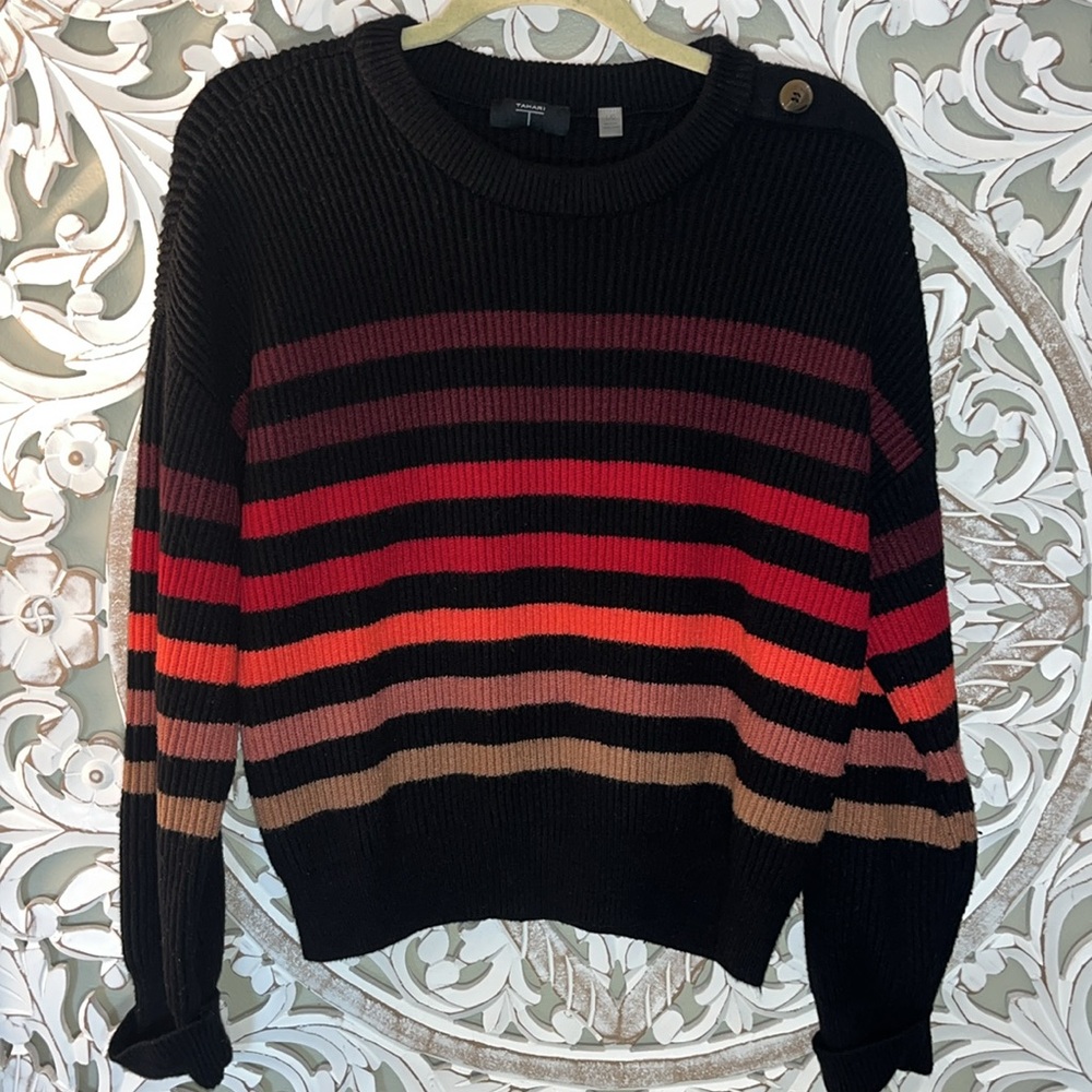 T Tahari Black Crew neck Super Plush Rainbow Stripe Sweater sz Large EUC - Picture 1 of 7